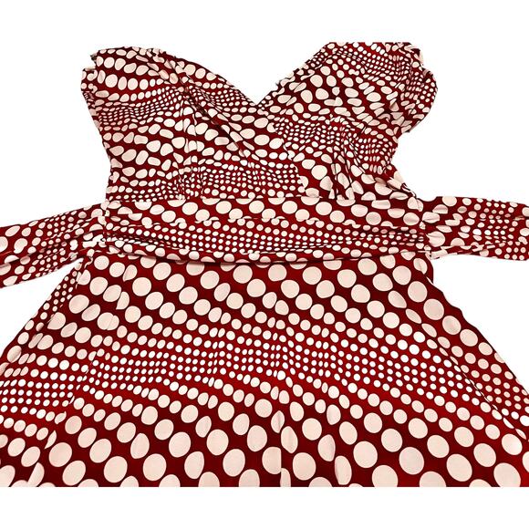 ROULETTE ELASTIC WAIST MIDI DRESS, WOMENS M, CRANBERRY & WHITE POLKA DOTS - Picture 4 of 12